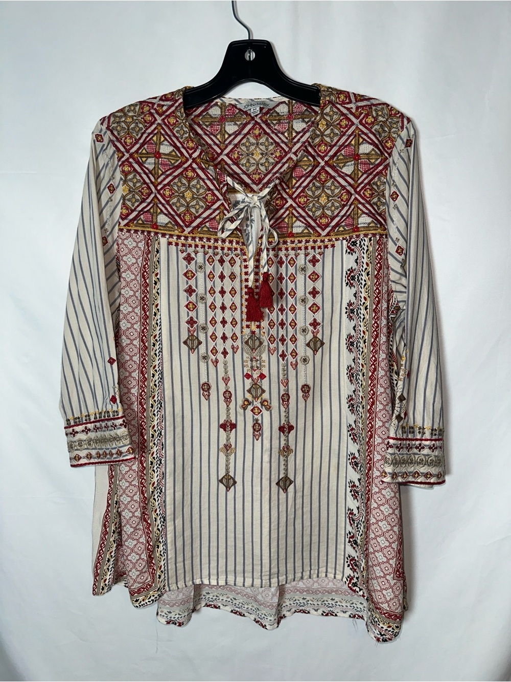 John Mark Cream Tunic with Red and Gold Embroidery